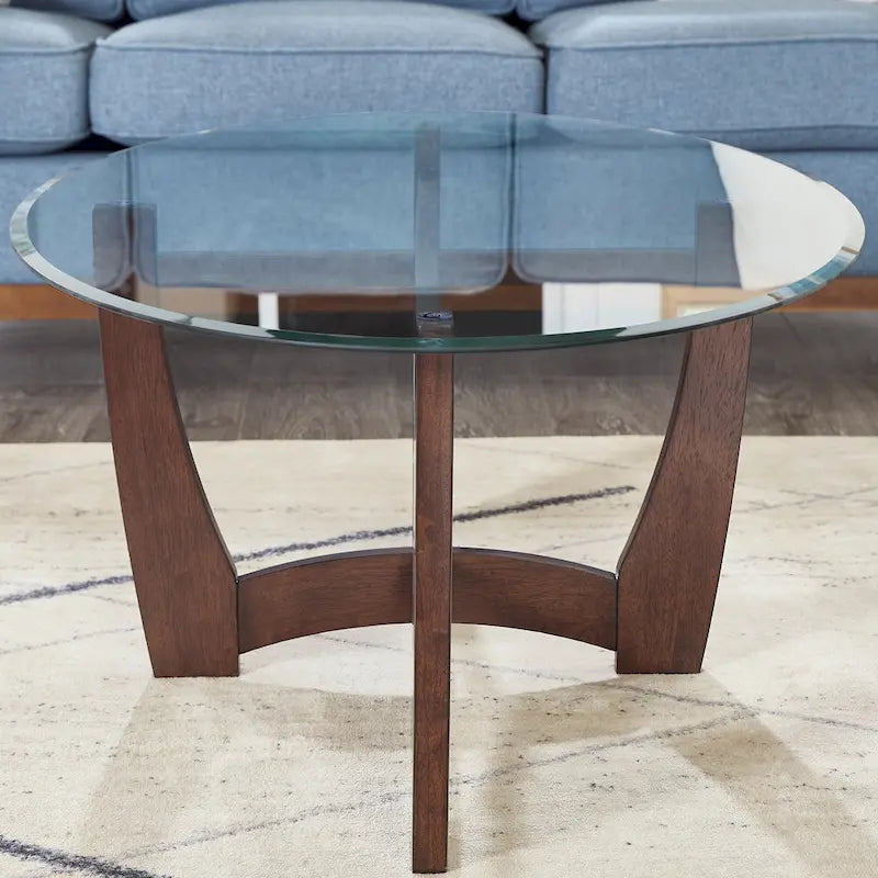 23.5-Inch Round Tempered Glass Coffee Table with Solid Wood Frame