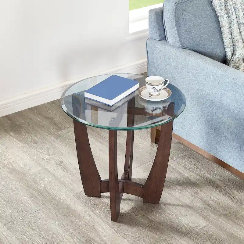 23.5-Inch Round Tempered Glass Coffee Table with Solid Wood Frame