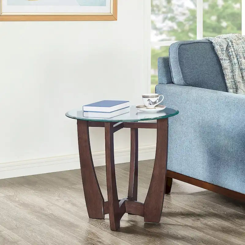 23.5-Inch Round Tempered Glass Coffee Table with Solid Wood Frame