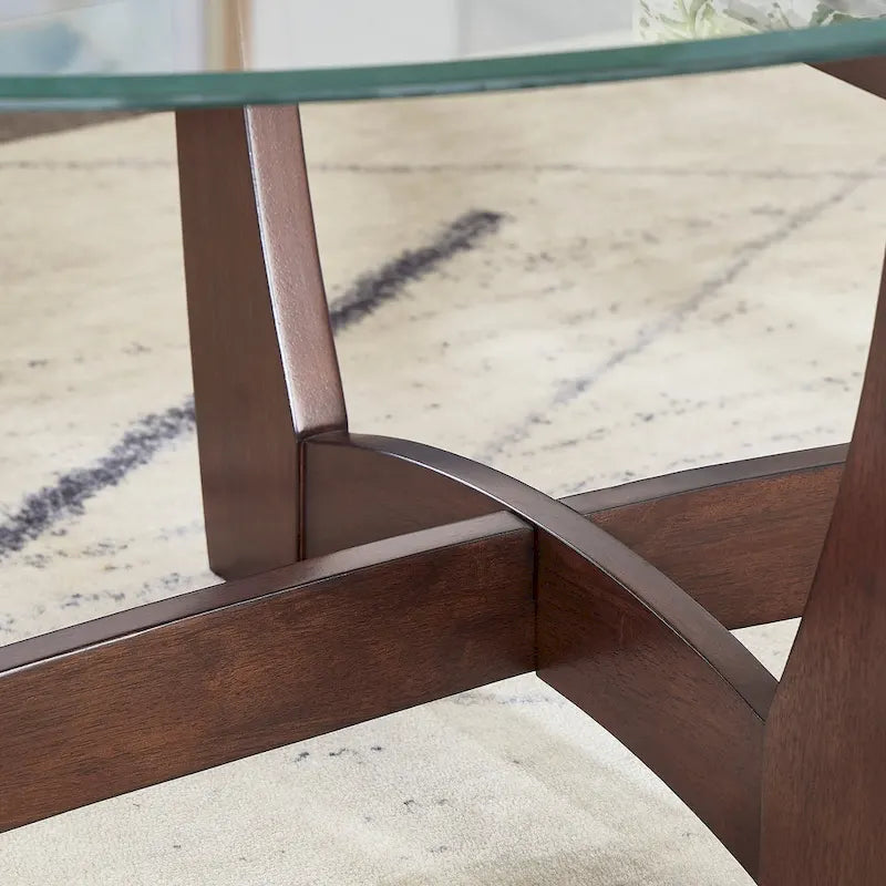 23.5-Inch Round Tempered Glass Coffee Table with Solid Wood Frame
