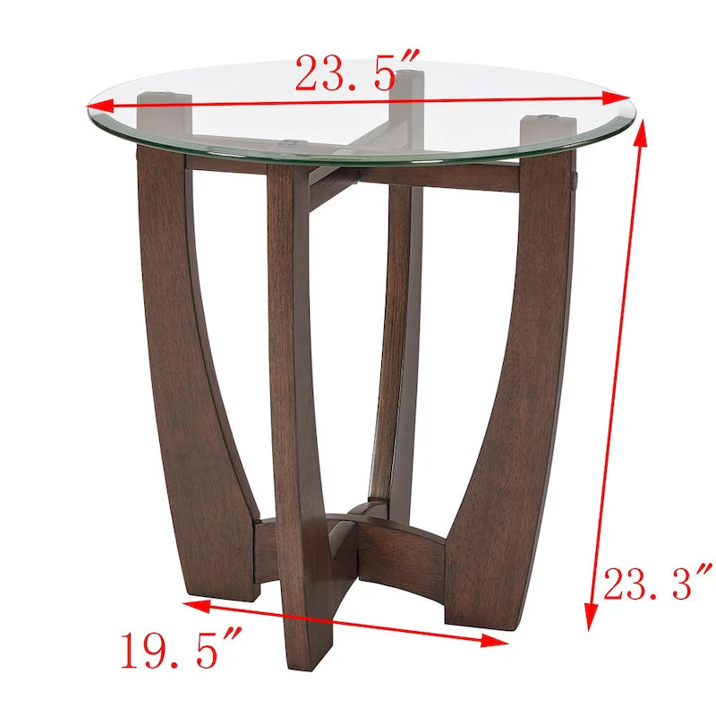 23.5-Inch Round Tempered Glass Coffee Table with Solid Wood Frame