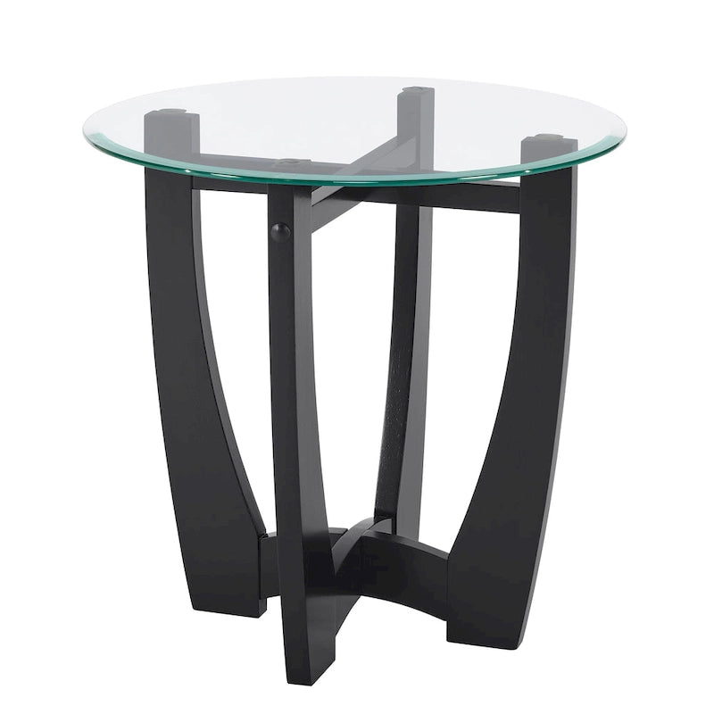 23.5-Inch Round Tempered Glass Coffee Table with Solid Wood Frame