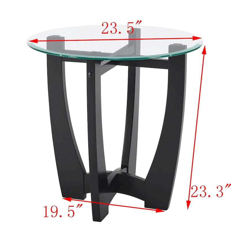 23.5-Inch Round Tempered Glass Coffee Table with Solid Wood Frame