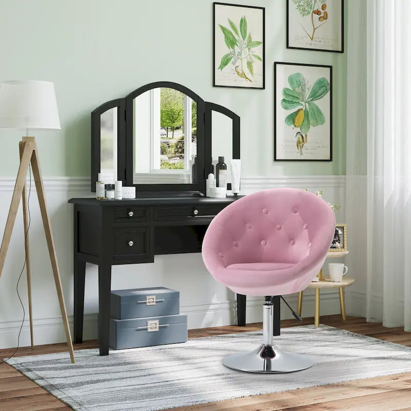 26-Inch Swivel Accent Chair with Gas Lift, Button Tufting & Metal Base – Pink Velvet
