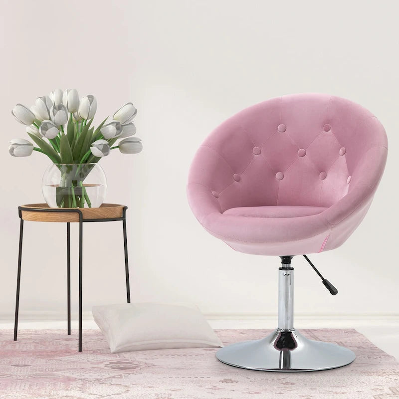 26-Inch Swivel Accent Chair with Gas Lift, Button Tufting & Metal Base – Pink Velvet