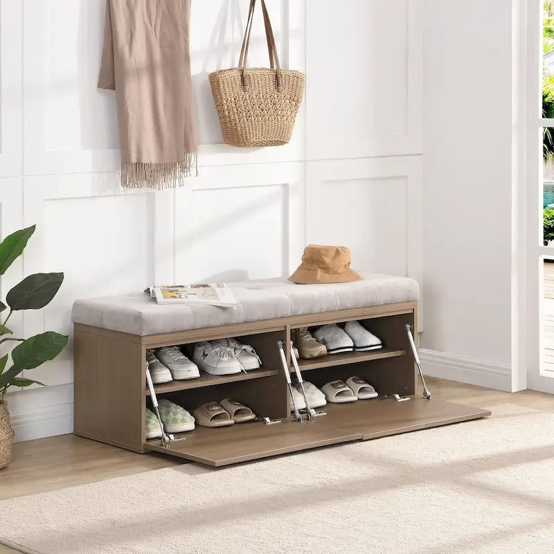 49-Inch Entryway Shoe Storage Bench with Pull-Down Doors & Padded Cushion