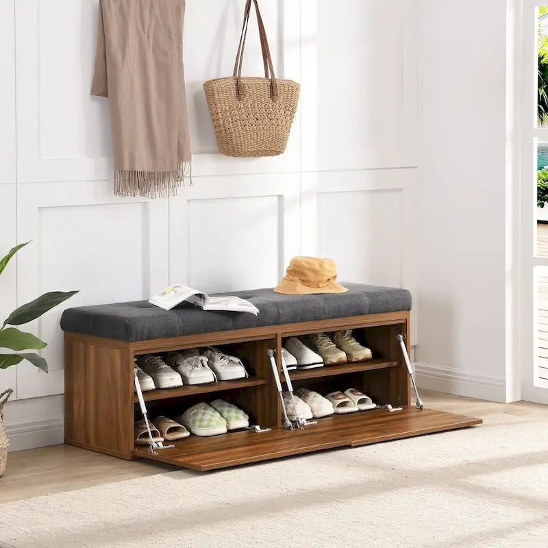 49-Inch Entryway Shoe Storage Bench with Pull-Down Doors & Padded Cushion