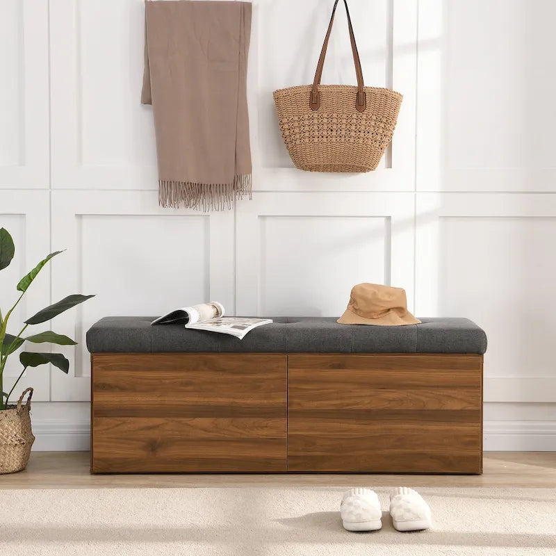 49-Inch Entryway Shoe Storage Bench with Pull-Down Doors & Padded Cushion
