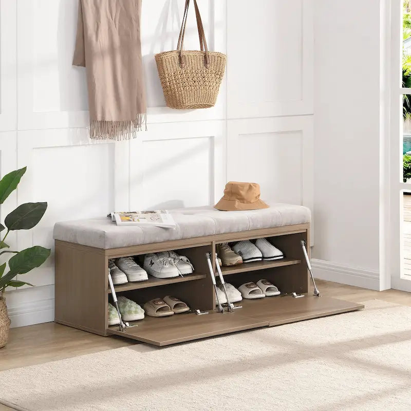 49-Inch Entryway Shoe Storage Bench with Pull-Down Doors & Padded Cushion