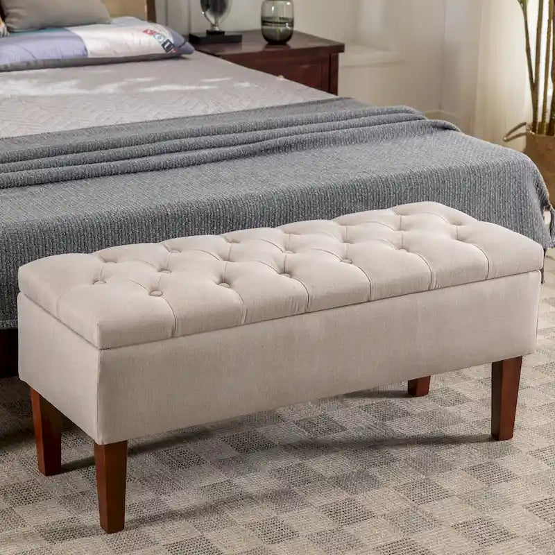 40.9-Zoll-Aufbewahrungshockerbank aus Stoff mit Knopfsteppung und Gummibaumbeinen