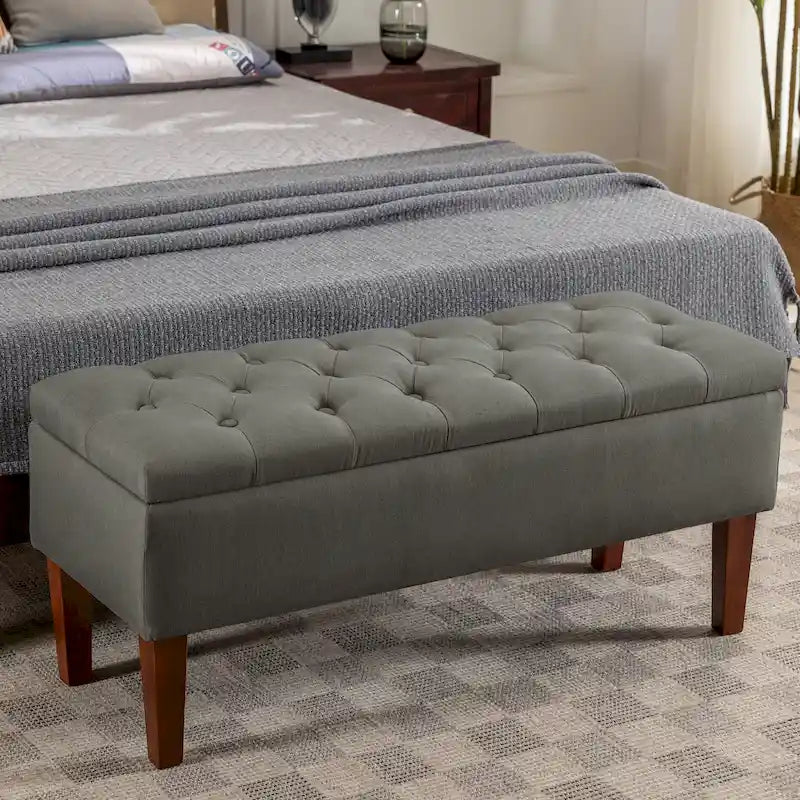 40.9-Inch Button Tufted Fabric Storage Ottoman Bench with Rubberwood Legs