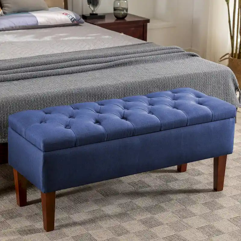 40.9-Inch Button Tufted Fabric Storage Ottoman Bench with Rubberwood Legs
