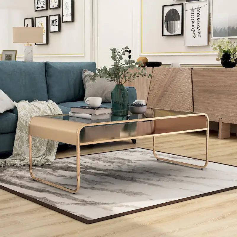 Tavolino da caffè contemporaneo da 48" con piano in vetro, ripiano inferiore a specchio e struttura metallizzata
