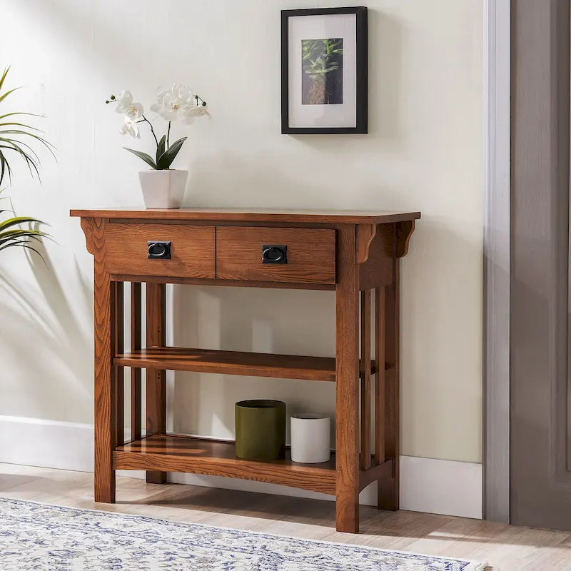 Tavolo consolle libreria in legno massello stile Mission con 2 cassetti