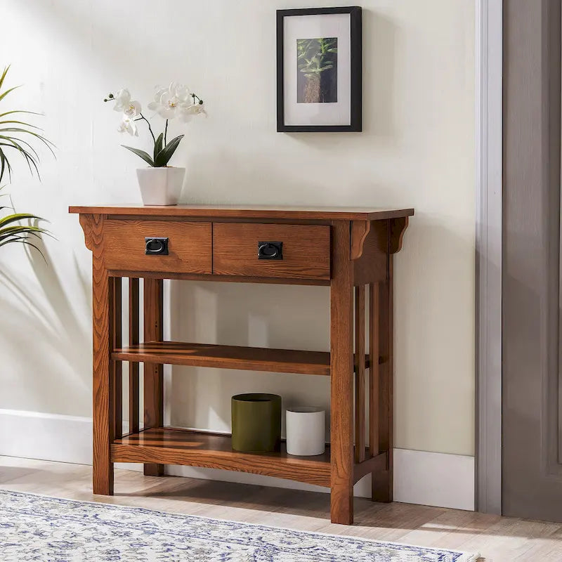 Tavolo consolle libreria in legno massello stile Mission con 2 cassetti