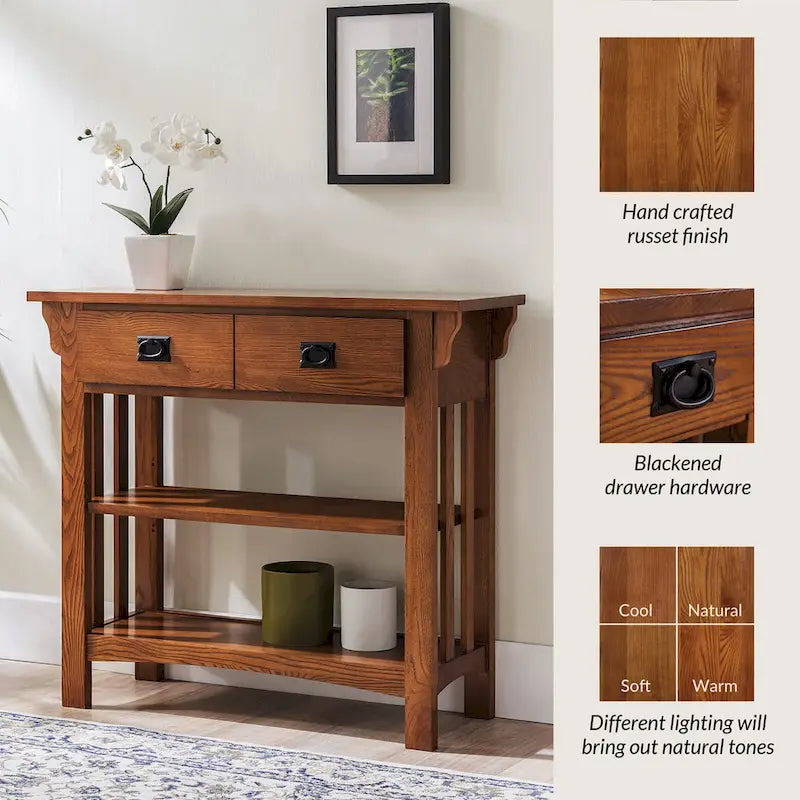 Tavolo consolle libreria in legno massello stile Mission con 2 cassetti