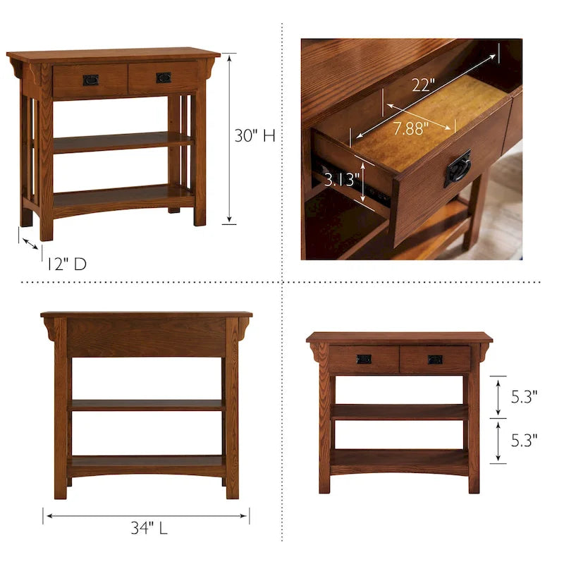 Tavolo consolle libreria in legno massello stile Mission con 2 cassetti