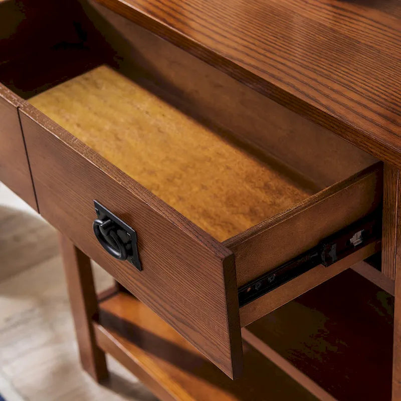 Tavolo consolle libreria in legno massello stile Mission con 2 cassetti