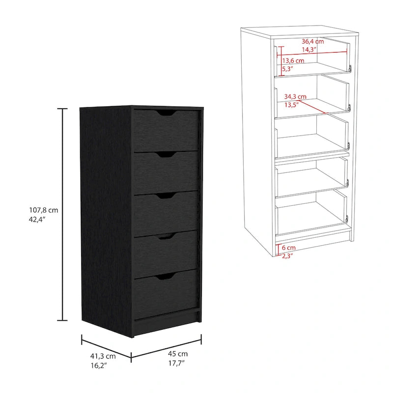 Hohe, schmale Kommode mit 5 Schubladen und leichtgängigen Auszügen