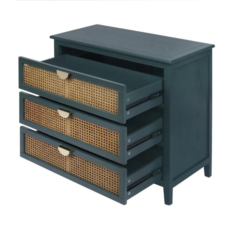 Cassettiera contenitore in rattan naturale con 3 cassetti, struttura effetto venatura del legno e maniglie in metallo