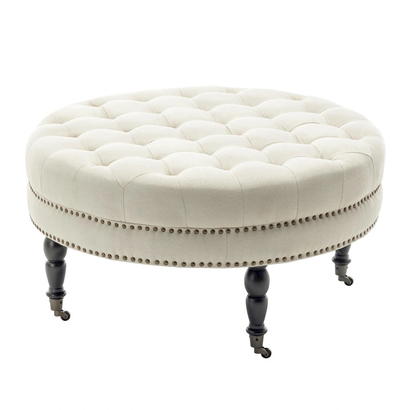 Round Tufted Fabric Cocktail Ottoman with Rubberwood Legs & Wheels