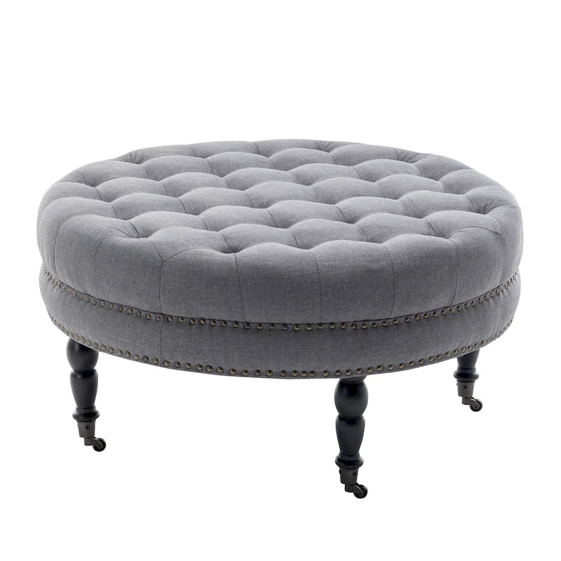 Round Tufted Fabric Cocktail Ottoman with Rubberwood Legs & Wheels
