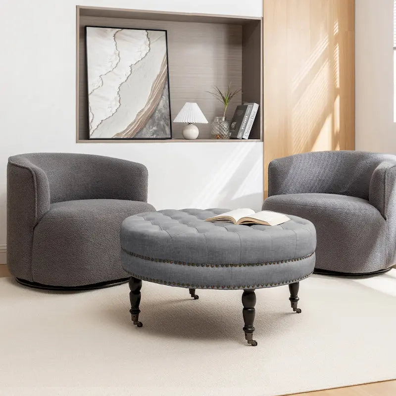 Round Tufted Fabric Cocktail Ottoman with Rubberwood Legs & Wheels