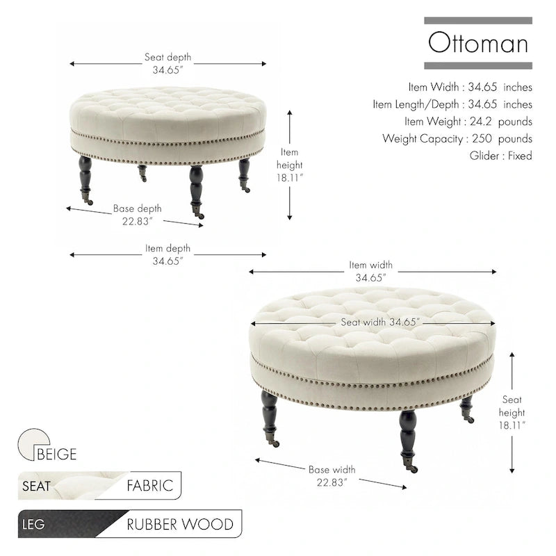 Round Tufted Fabric Cocktail Ottoman with Rubberwood Legs & Wheels