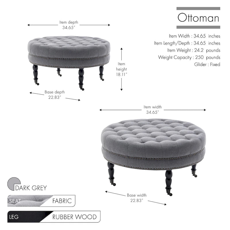 Round Tufted Fabric Cocktail Ottoman with Rubberwood Legs & Wheels