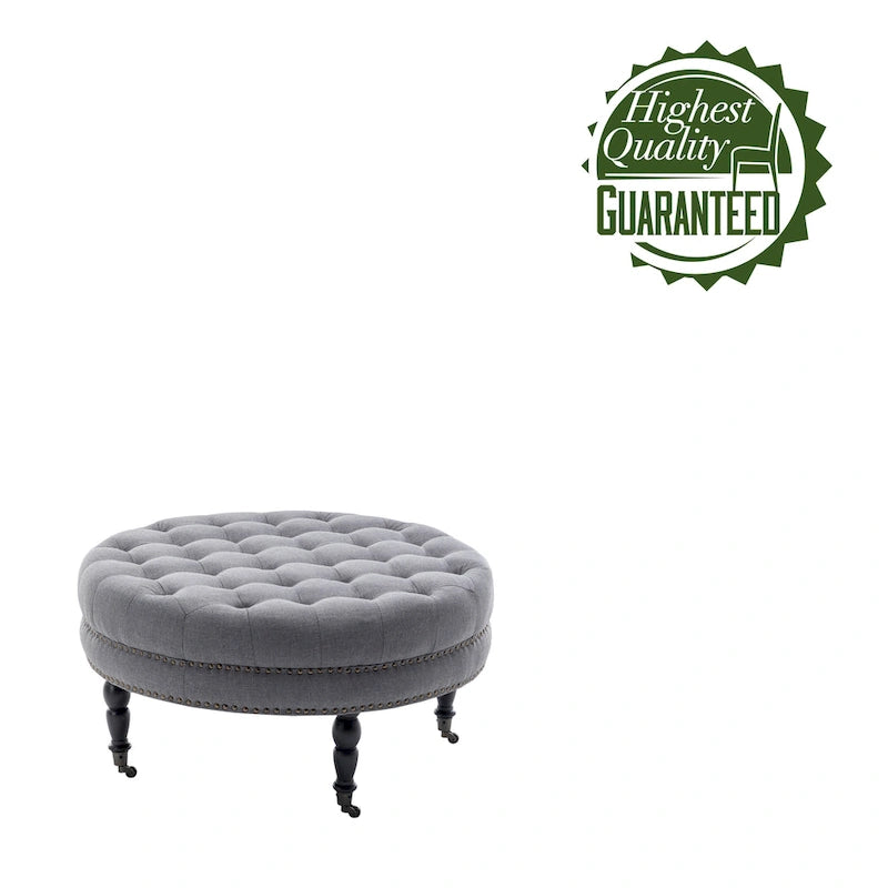 Round Tufted Fabric Cocktail Ottoman with Rubberwood Legs & Wheels