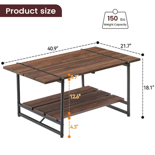 2-Tier Industrial Wood Coffee Table with Storage Shelf and Metal Frame