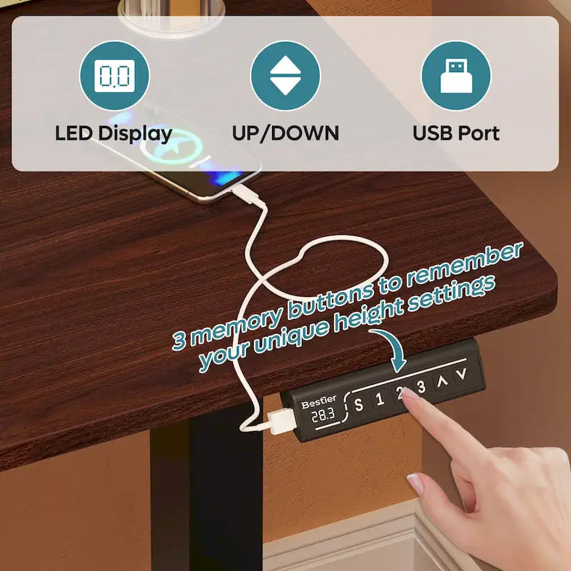 Elektricky výškově nastavitelný stojací stůl s USB portem a organizací kabelů