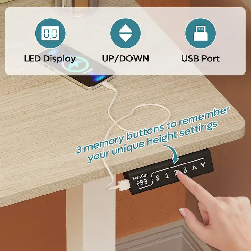 Elektricky výškově nastavitelný stojací stůl s USB portem a organizací kabelů