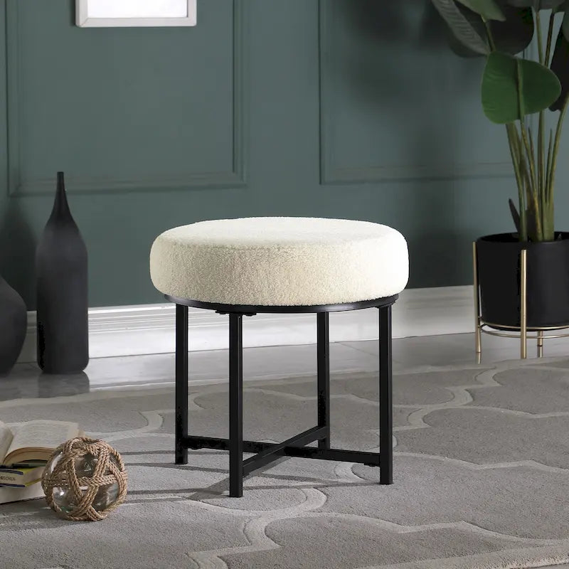 Round Faux Sheepskin Upholstered Ottoman on Matte Black Metal Frame – Cream