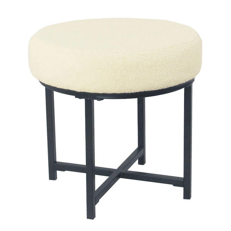 Round Faux Sheepskin Upholstered Ottoman on Matte Black Metal Frame – Cream