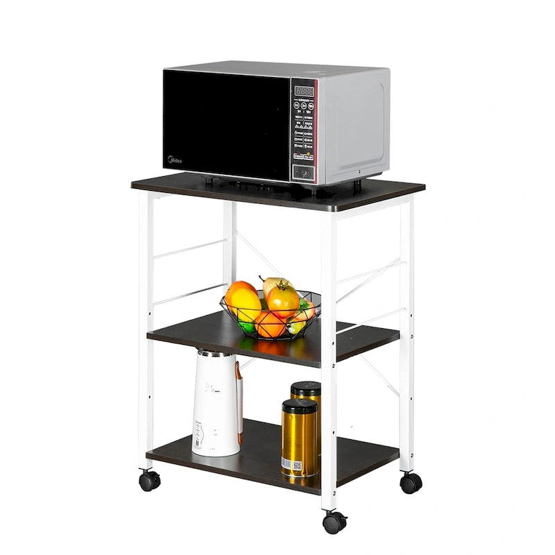 Carrello da cucina con 3 ripiani e rotelle, supporto per microonde e 10 ganci