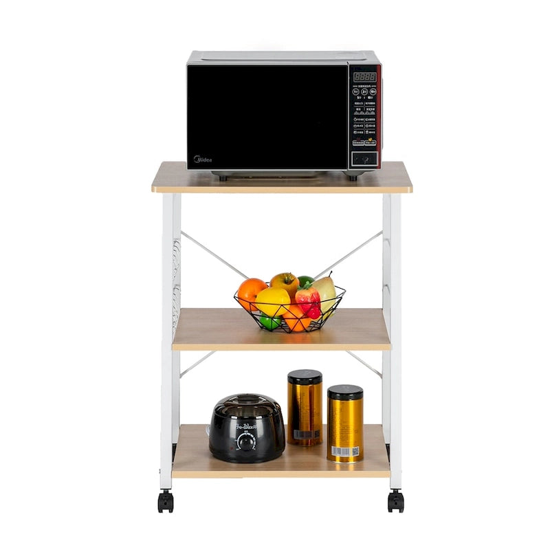 Carrello da cucina con 3 ripiani e rotelle, supporto per microonde e 10 ganci