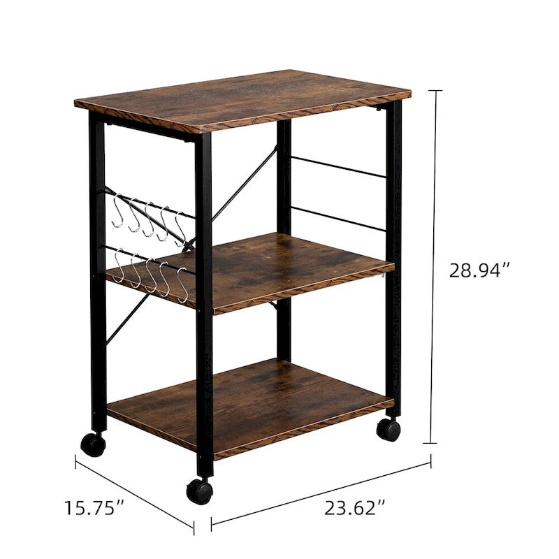 Carrello da cucina con 3 ripiani e rotelle, supporto per microonde e 10 ganci