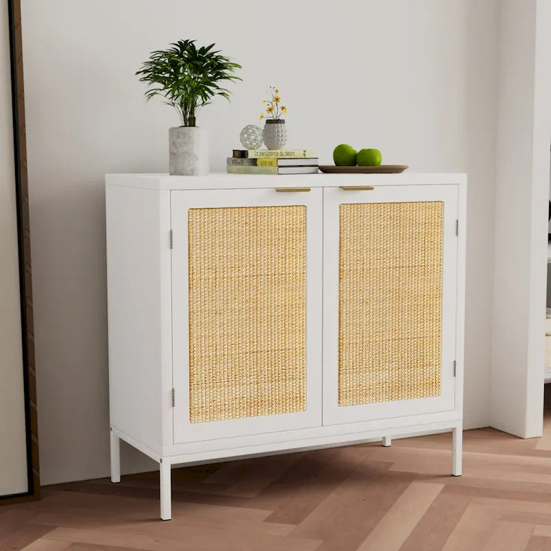 Weißer Sideboard-Schrank aus Holz und Rattan mit 2 Türen und goldfarbenem Metallgestell