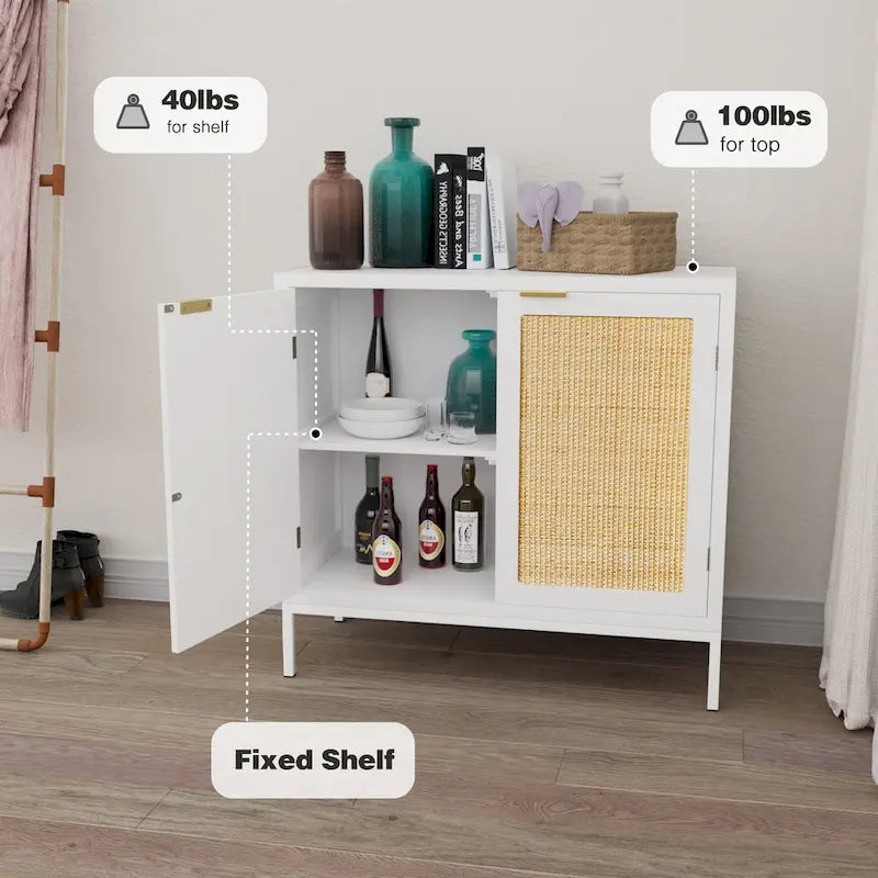 Weißer Sideboard-Schrank aus Holz und Rattan mit 2 Türen und goldfarbenem Metallgestell