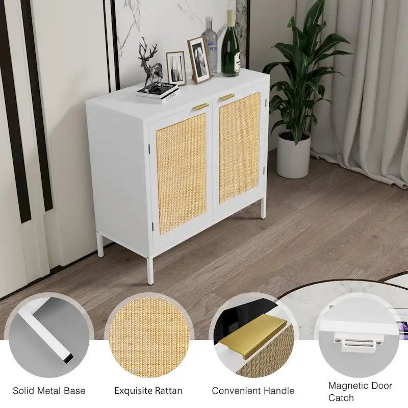 Weißer Sideboard-Schrank aus Holz und Rattan mit 2 Türen und goldfarbenem Metallgestell