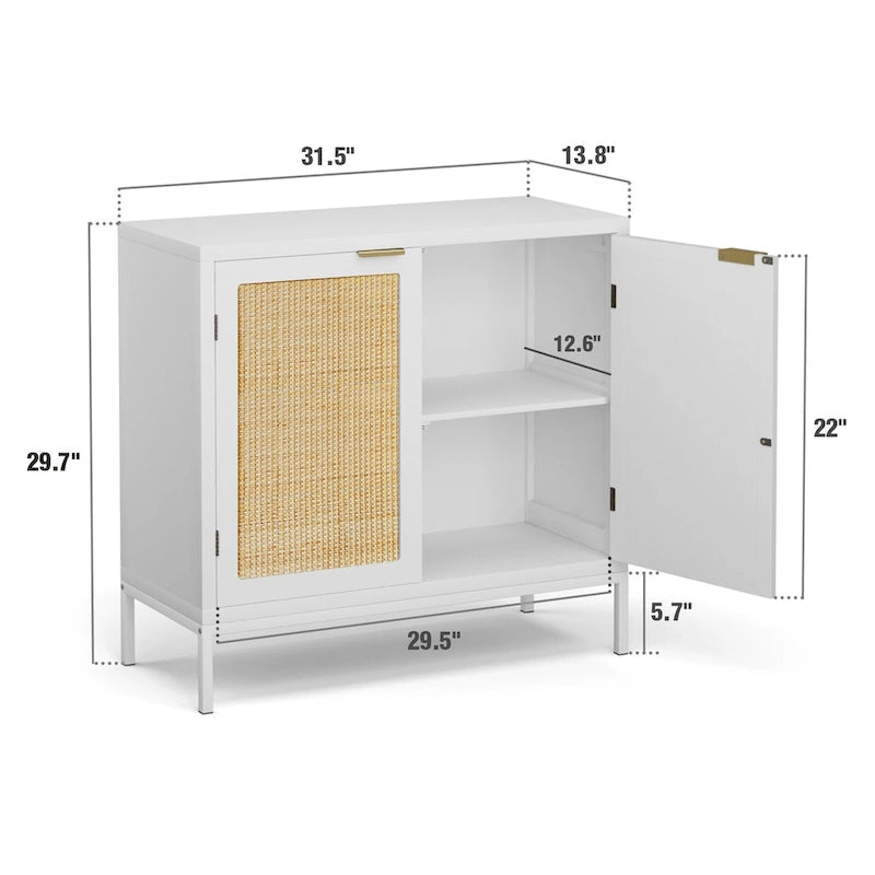 Weißer Sideboard-Schrank aus Holz und Rattan mit 2 Türen und goldfarbenem Metallgestell