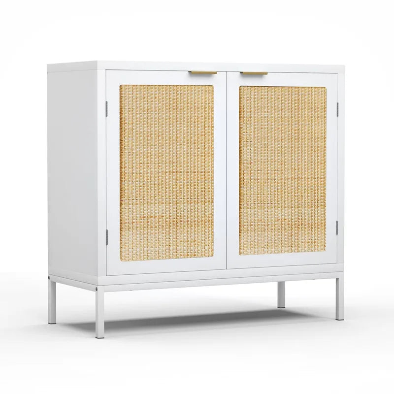 Weißer Sideboard-Schrank aus Holz und Rattan mit 2 Türen und goldfarbenem Metallgestell