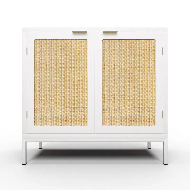 Weißer Sideboard-Schrank aus Holz und Rattan mit 2 Türen und goldfarbenem Metallgestell