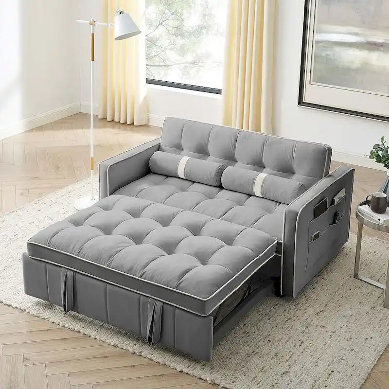 55.5-Inch Velvet Pull-Out Sofa Bed with Adjustable Backrest & Side Pockets