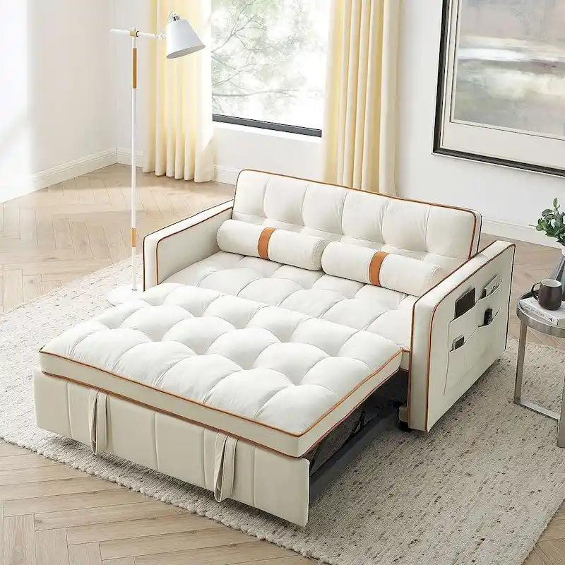 55.5-Inch Velvet Pull-Out Sofa Bed with Adjustable Backrest & Side Pockets