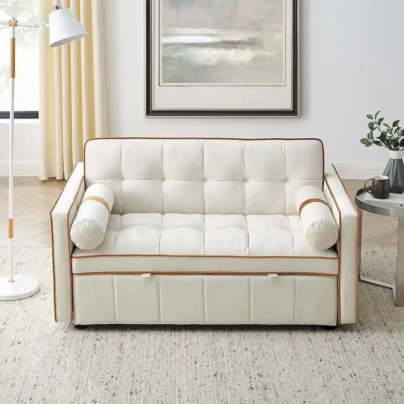 55.5-Inch Velvet Pull-Out Sofa Bed with Adjustable Backrest & Side Pockets