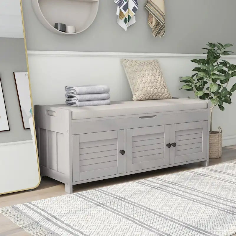 3-Door Shutter-Style Storage Bench with Removable Cushion & Hidden Compartment