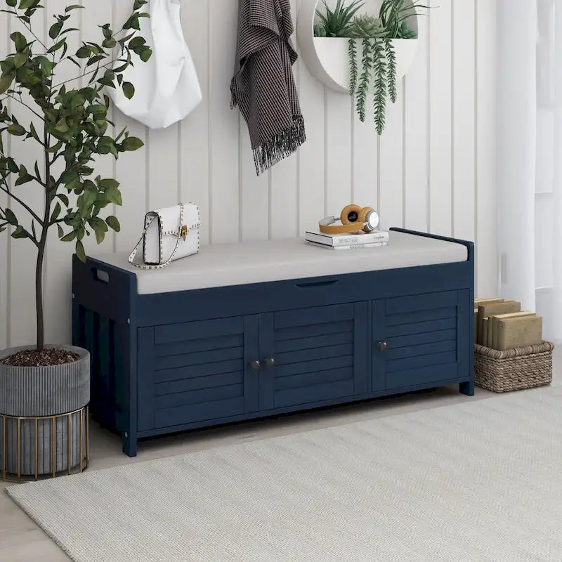 3-Door Shutter-Style Storage Bench with Removable Cushion & Hidden Compartment