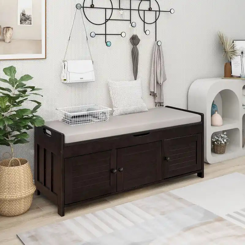3-Door Shutter-Style Storage Bench with Removable Cushion & Hidden Compartment